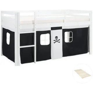 Homestyle4u Hochbett Pirat 90 x 200 cm Kiefer massiv weiß schwarz