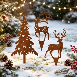 Gartenstecker Weihnachten Metall Gartendeko Rost, Roststecker Weihnachtsdeko Outdoor, Weihnachten Hirsch Rost Deko, Winterdeko Garten Dekoration Rentier Figur Rostdeko Für Pflanzentopf Zaun (A)