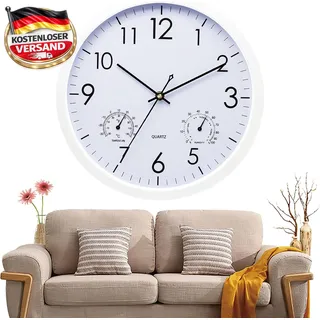 Wanduhr mit Temperatur Feuchtigkeitsanzeige 12 Zoll leise minimalistisch
