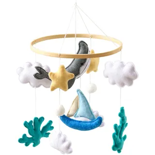 Ueiwffzo Mobile Baby Meerestiere Segelboot Babybett Windspiel, Muschel Wal Filz Bettglocke Wickeltisch Mobile Ornament Baby Geschenk für Jungen und Mädchen