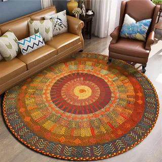 Rug-QJDDUP Rund Teppich Kurzflor,Red,Round Diameter 110 cm, Rot-Gelb-Retro-Kreis-Design, Wohnzimmerteppich Teppiche Schlafzimmer Küchen Esszimmer Teppichläufer,