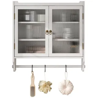 OKWISH Hängeschrank Wandhängeschrank,Glas-Wandregal (Vintage 63 cm Wandregal mit Doppelglastüren – 3 Stufiger Stauraum mit Handtuchhalter, Naturholz – Wandmontage für Badezimmer, Küche, Esszimmer – Stabil & Platzsparend) Gewichtskapazität: 5 kg pro Regal weiß 18 cm