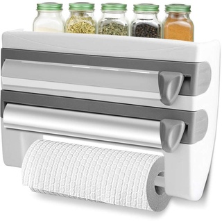 Wandrollenhalter 3-Fach-Schneidabroller Folienspender Frischhaltefolie Schneider mit Papierrollenhalter Küchenrollenhalter ohne Bohren, 39 x 10 x 24 cm (gris et Blanc)