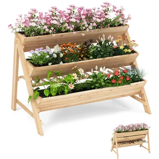 COSTWAY vertikales Hochbeet mit 3 Etagen, Pflanzenbeet mit Ablage, 2 Haken & 3 Pflanzfolien, Kräuterbeet mit 3 Blumenkästen, Gartenbeet für Garten Terrasse Balkon, Etagenbeet Vertikalbeet, Natur