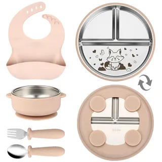OXYEFEI Edelstahl Teller Baby,Kindergeschirr Set mit Tiermotiven Baby Teller mit Saugnapf Geburtstagsgeschenke für Babys, Taufgeschenke (Beige, Fuchs)