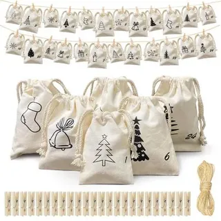Adventskalender Säckchen Set 24 Stück Stoff mit Kordel und Klammern