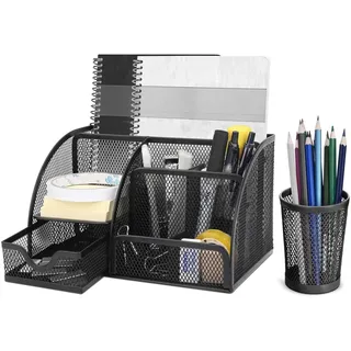 Flexzion Schreibtisch-Caddy, Organizer, schwarzes Metallgeflecht, Büro-Schreibtisch-Zubehör, Set für Damen, Herren, Studenten, 6 Fächer mit Schublade und Stifthalter, Schreibtisch-Organizer für die