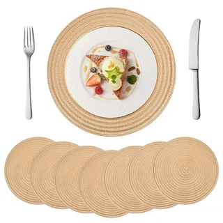 YYTECH 8er Set Runde Platzsets, 30CM Tischset Rund, Platzdeckchen Rund, Tischsets Platzsets Abwaschbar Beige Geflochten, rutschfest, Abwischbar für Esstisch, Hochzeit, Fest, Küche, Dekor