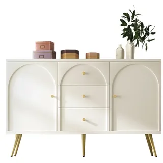 Merax Sideboard, Kommode mit 2 Türen und 3 Schubladen, Verstellbare Ablage, Creme-Weiß-H84/B140/T40 cm