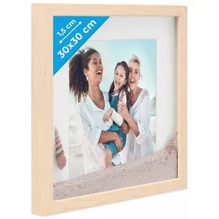 PHOTOLINI 3D Bilderrahmen zum Befüllen 30x30 Natur groß, 1,5 cm tiefer Objektrahmen mit Glas, tiefer Bilderrahmen 30x30 Holz MDF mit Passepartout, Dicker 3D Rahmen befüllbar für Gegenstände Geschenk