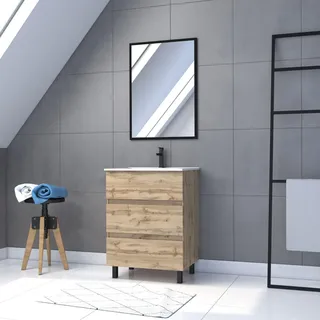 Badezimmer-Set mit Schublade/Waschbecken, Keramik/Spiegel, Schwarz, 60 x 80 cm, Eiche Natur