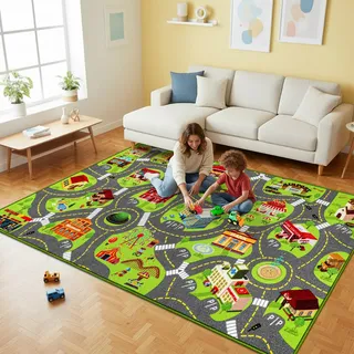 Spielteppich Kinder – Autoteppich mit Straßenmotiv, rutschfeste Spielmatte für Autos & Lastwagen, Kinderteppich für Spielzimmer, Schlafzimmer, Straßenteppich für Jun (Straßenszene, 200X120 CM)