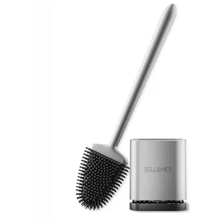 Sellemer Klobürste Silikon, Wand/Fuß Montierte WC Bürste, mit Schnell Trocknendem Halter, Flexible Silikon Toilettenbürste für Toilette(Silber)