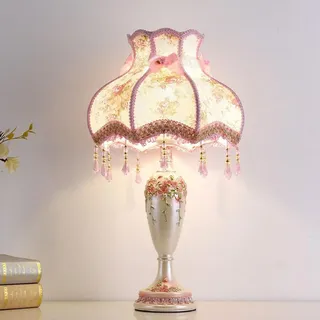 WLBHWL Antike Viktorianische Lampe Mit Fransen Und Spitze, Rosa, Vintage-Stoff-Tischlampe Mit Schirm, Europäische Pastorale Nachttisch-Tischleuchte In Vasenform Für Schlafzimmer Und Wohnzimmer