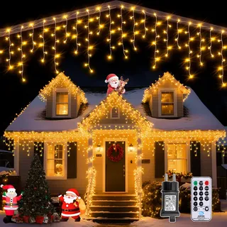 Auriostar Eisregen Lichterkette Außen 12.5M, 486LED Weihnachtsbeleuchtung Außen Warmweiß mit Fernbedienung, Lichterkette Außen Strom mit Timer 8 Modi,Wasserdicht für Balkon Fenster Haus Weihnachtsdeko
