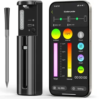 Fleischthermometer Kabellos mit Bluetooth, App-Überwachung mit Alarm, Wasserdicht, Multi-Sensor, Grillthermometer Smarte Fleischthermometer Kabellose für BBQ, Backofen, Grill, Küche