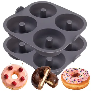 Butabeishy Silikon-Donutform 2er-Set, 4 Mulden, Grau | Antihaft-Beschichtung, Spülmaschinenfest, Mit Tragegriff, Für Heißluftfritteuse, 8,5 cm Muldendurchmesser