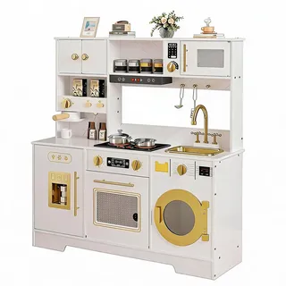 LuxFocus Holz Spielküche 8-in-1 Kinderküche Kaffeemaschine Herd Weiß | Vielseitiges Spielset mit realistischen Funktionen und elegantem Design für kreative Rollenspiele ab 3 Jahren