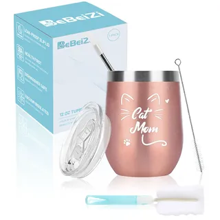 BeBeiZi Geschenke für Mama, Edelstahl Weinglas mit Cat Mom Beste Mom der Welt, Vakuumisoliert Thermobecher to go mit Deckel und Strohhalm, Geburtstagsgeschenk für Mama, Weihnachtsgeschenke, 350ml