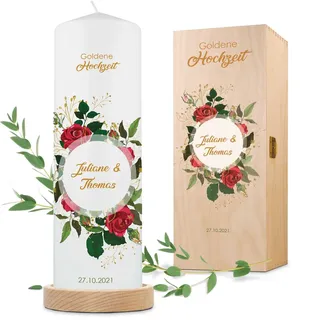 GRAVURZEILE Bedruckte Kerze - Goldene Hochzeit Design - Personalisiert mit Namen, Datum & Wunschtext - Geschenk für Paare zu 50 Jahre Goldhochzeit - Hochzeitskerze Stumpenkerze 250/80 mm - Weiß