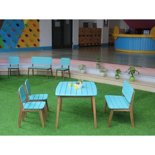 Garten Essgruppe für Kinder: 2 Stühle + Bank + Tisch - Akazie - Blau - GOZO