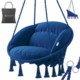 KESSER® Hängesessel 150kg mit 2 Stahlringe Sitzpolster geflochten Fransen Hängestuhl Hängekorb Schaukelkorb Garten Indoor wetterfest, wasserabweisend, Navyblau