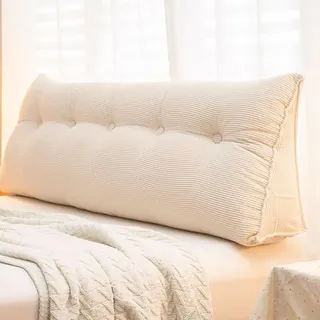 MONDEX Rückenkissen Bett, Ergonomisch Lang Rückenpolster, Sitzkissen Rückenlehne Kissen mit Seitenfach, Abnehmbarer und Waschbarer Samt Bezug, Groß Wandkissen Lesekissen für Bett und Sofa,Beige,90CM