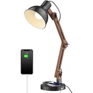 ELYONA Schreibtischlampe Holz mit Induktiver Ladestation & USB-C, Sapeli Massivholz Tischlampe mit Schwenkarm, Retro Leselampe für Büro & Schlafzimmer, Inkl. 3-Farben LED, Schwarz Industrial Design