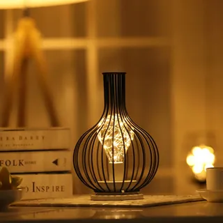 Tuzsocr Vintage Nachtlicht, Black Metal Wire Tischlampe, Käfigstil Nachttischlampe Industriell, Batteriebetrieben,Tischlampen kabellos mit LED für Wohnzimmer, Nachttisch, Esszimmer, Garten (Stil 3)