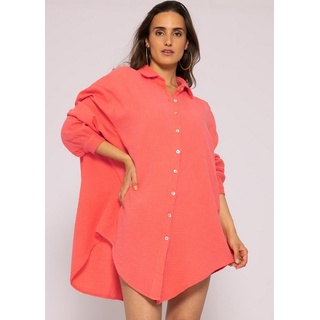 SASSYCLASSY Longbluse Oversize Musselin Bluse Damen Langarm Hemdbluse lang aus Baumwolle mit V-Ausschnitt, One Size (Gr. 36-48) rot