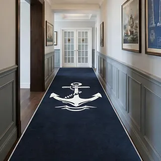 Generisch Läufer Flur Nautisch, Waschbarer Teppich Läufer Küste Maritim Blau 60x160, Küchenteppich, Eingangsbereich, Bettvorleger, Schlafzimmer Deko, rutschfest, Kurzflor e720