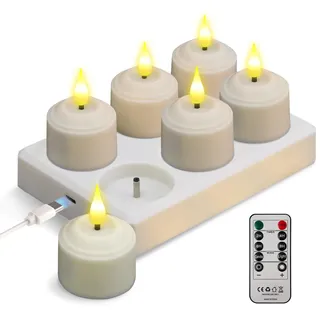 ICRGB 6er LED Teelichter Wiederaufladbar mit Fernbedienung, Aufladbare Teelichter, Kerzen Flackernd mit Timer& Ladestation für Zimmerdekoration,Esstisch, Hochzeit,Party, Advent, Halloween,Weihnachten