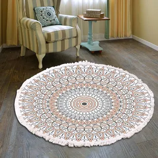 Vintage Boho Baumwolle Teppiche Mandala Muster Waschbar Handgewebte Böhmische Runder Teppich mit Quasten für Schlafzimmer Flur Wohnzimmer Couchtisch Fußmatten,Waschmaschinenfest,90CM Blumen #24