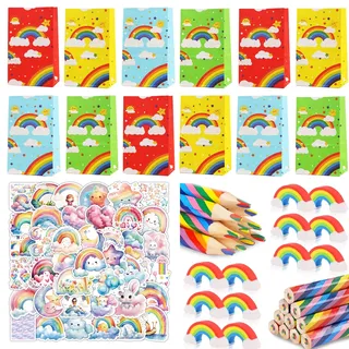 Eymobad 86 Stück Regenbogen Mitgebsel Set, 12 Regenbogenstift, 12 Regenbogens Papiertüten Kindergeburtstag,12 Regenbogens Radiergummis,50 Regenbogen Aufkleber, Geschenk für Kinder