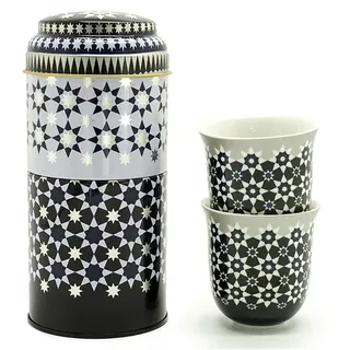 IMAGES D'ORIENT Geschenkset 2 in 1 Metalldosen mit 2 x 90ml Porcalain Espressotassen Espressobecher Moccatassen mit schwarz-weißem Muster Kaokab
