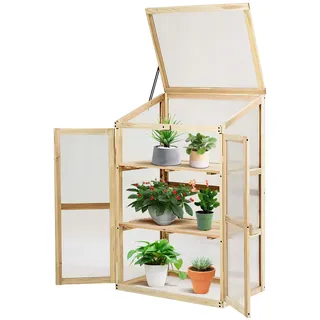 GYMAX Holz Frühbeet mit 3 Ablagen, Gewächshaus klein mit 2 Türen & Deckel, wetterfest Pflanzenbeet Aufzuchtschrank für Garten & Balkon, 60 x 45 x 100 cm, Natur
