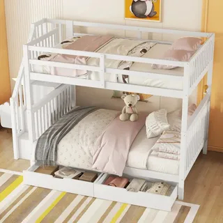 Kinderbett 140x200cm Etagenbett (Ohne Matratze) Treppenregal ausgestattet Elegantes Design mit zwei Schubladen hohe Geländer weiß - Weiß