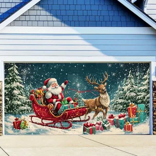 Weihnachtsbanner für Garagentor mit Weihnachtsmann und Schneemann – Allzweck-Polyesterdekoration für Vier Jahreszeiten für Partys und Veranstaltungen 240X180cm