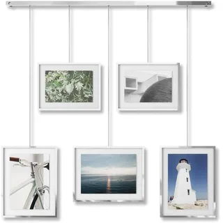 Umbra Exhibit Foto Collage Bilderrahmen – Flexibles Bilderrahmen-Set zur Horizontalen und Diagonalen Anbringung, für 5 Photos, Kunstdrucke, Bilder, 10 x 15 und 13 x 18 cm, Chrom, 5 Rahmen