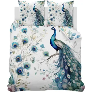 CCZM Bettwäsche 135x200 Pfau Bettwäsche-Sets 3 Teilig - Bettbezug 135 x 200 Orientalischer Pfau und 2 Kissenbezug 80x80, Weich Mikrofaser Bettbezüge Set Vögel Tiere mit Reißverschluss W-426