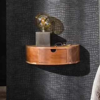 RINGO-Living Massivholz Nachttisch Mit Ablage & Schublade Halbrund, Schwebend Stauraum Industrial Style, Nachtschrank Holz Echtholz Mini