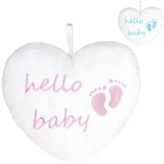 BRUBAKER Dekokissen Plüschherz Hello Baby 25 cm - Babyparty Geschenk zur Geburt, Zierkissen Herz aus Plüsch - Babyzimmer Deko - Kissen rosa