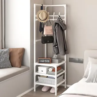Eck-Flur-Baum, freistehend, Garderobenständer, Kleiderständer mit 3 Etagen Regal und Haken für Eingangsbereich, Flur, Schlafzimmer (Weiß, 3 Ebenen)