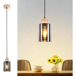 Nettlife Pendelleuchte Vintage Holz 1/3/4 flammig Industrial Hängelampe E27, Höhenverstellbar, LED wechselbar, Rauchglas Hängelampe für Küche Esszimmer Flur schwarz