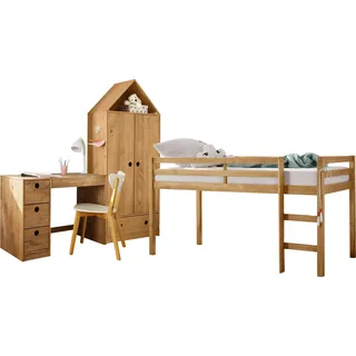 Jugendzimmer-Set LÜTTENHÜTT "Alpi" Schlafzimmermöbel-Sets beige (gebeizt, gewachst) Baby Komplett-Kinderzimmer Hochbett, Schreibtisch und Kleiderschrank in Hausoptik, platzsparend