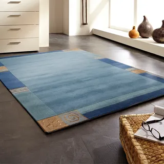 Wollteppich LUXOR LIVING "India" Gr. 2, blau, B:70cm H:20mm L:140cm, Wolle, Teppiche, Designer-Teppich Knüpfteppich Schurwollteppich Teppich, reine Wolle, handgeknüpft, mit Bordüre, auch als Läufer