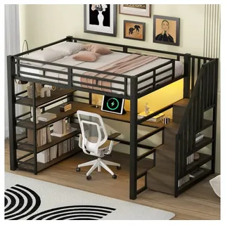 Ulife Hochbett Metall-Hochbett 140x200 mit Treppe, Schreibtisch, USB & LED