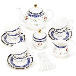 fanquare 21 Stück Blaue Rose Britisches Nachmittagstee-Set, Modernes Porzellan Teekannen-Set, Vintage Kaffeetasse und Untertasse Set, Erwachsene Teeservice für 6 Personen