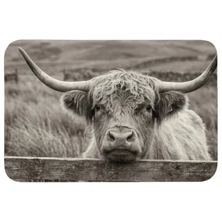 OnlyWow Badematte Schottischer Highlander - Schwarz - Weiß - Holz, Höhe 10 mm, Polyester, Rechteckig, Badezimmerteppich, Badteppich, Rutschfest, Badvorleger, Waschbar schwarz Rechteckig | 90 cm x 60 cm x 10 mm