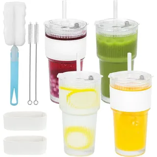 LA CUTE Cocktailglas Feelhap 4er Gläser-Set 600 ml mit Strohhalm & Deckel, wiederverwendbar, Bruchsicher, BPA-frei, wiederverwendbar, inkl. Reinigungszubehör